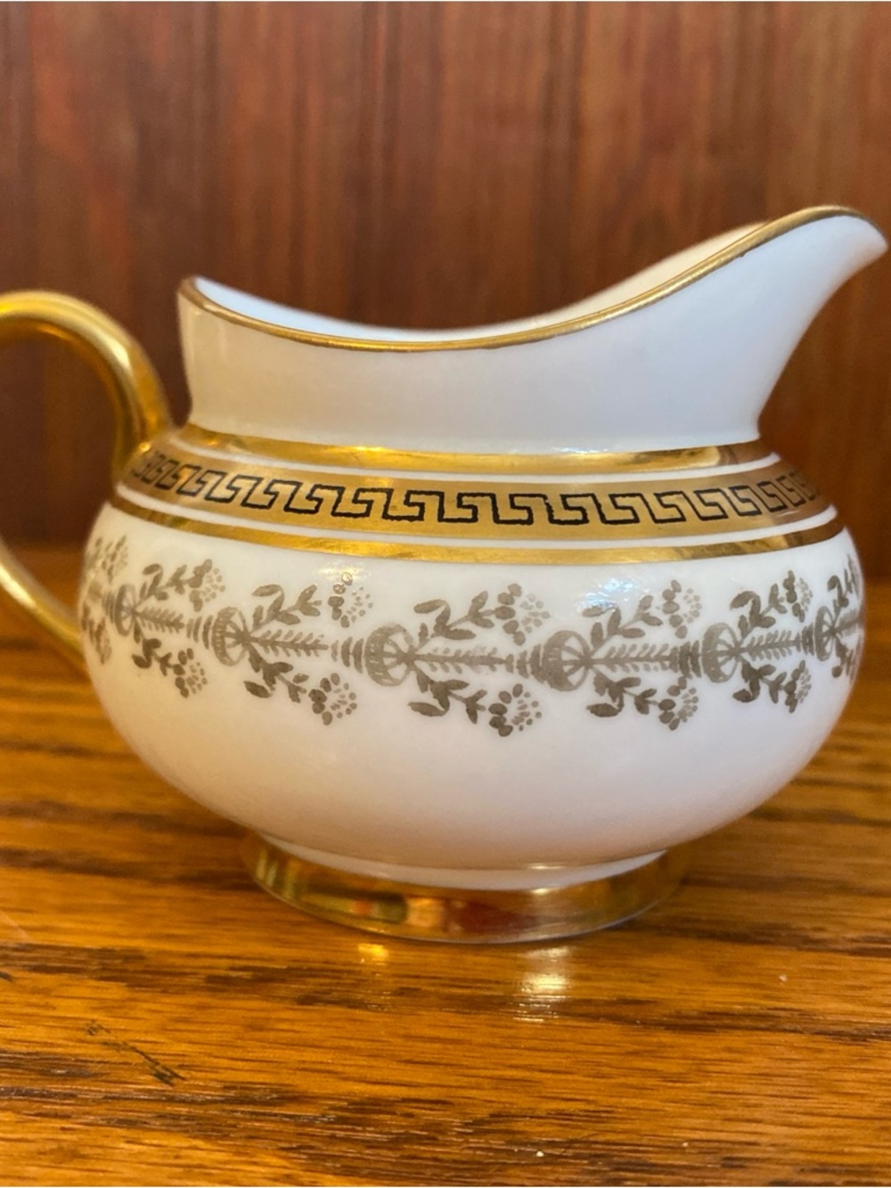 Antique Cauldon White Porcelain Creamer with Gold Trim and Decorative Band